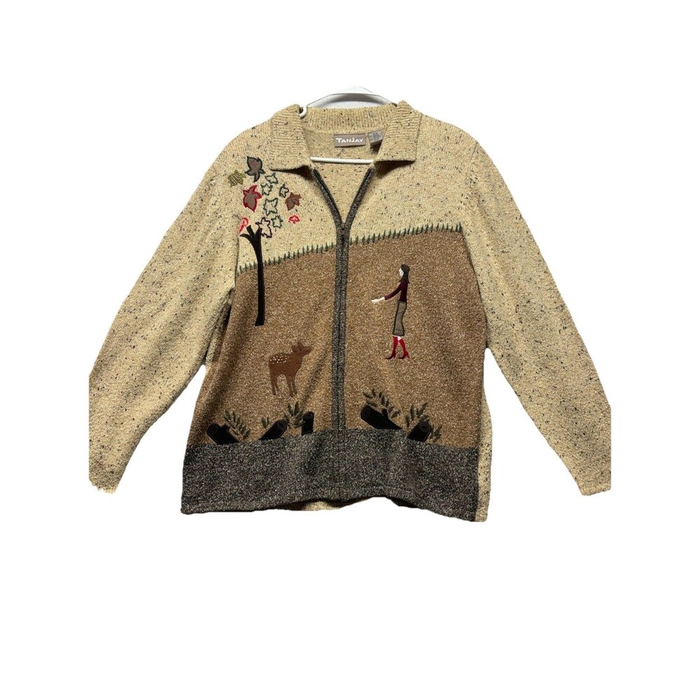 Tan Jay Women's Sweater Zip Up Collar Fall Forest Deer Applique Size M Cottage